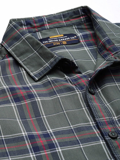 The Indian Garage Co Men Navy & Green Checkered Slim Fit Cotton Casual Shirt