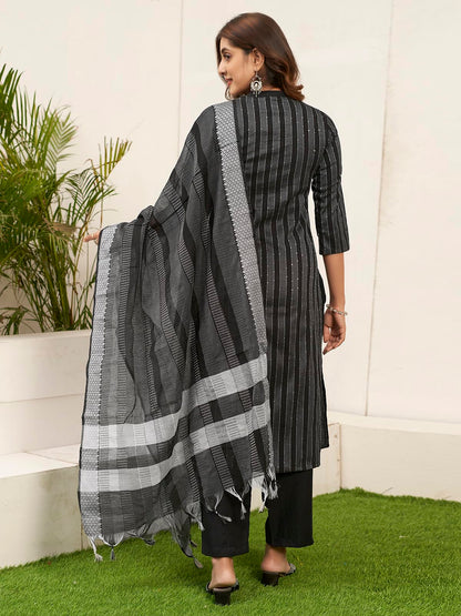 Sanisa Women's Cotton Woven & Sequence Embroidery Work Straigth Kurta with Pant and Dupatta Set| Ethnic Set | Suit Set | Kurta Set