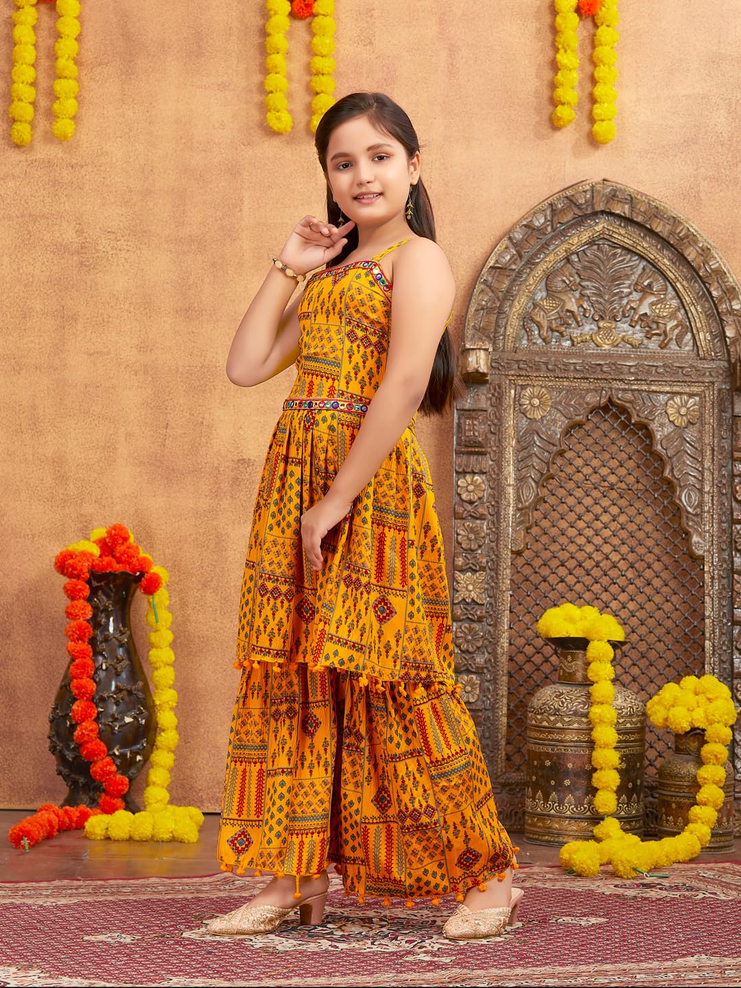 Aarika Girls Ethnic Wear Yellow Colour Printed Mirror Lace Polyester Kurti Sharara Set (4-10 Years)