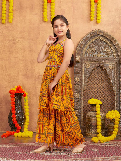 Aarika Girls Ethnic Wear Yellow Colour Printed Mirror Lace Polyester Kurti Sharara Set (10-15 Years)
