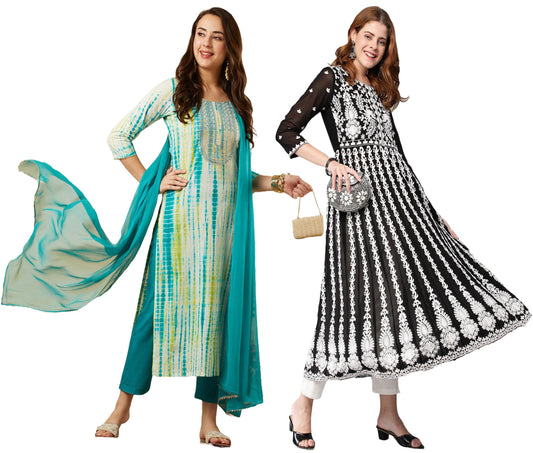 ANNI DESIGNER Women Cotton Blend Kurta Pant With Dupatta Combo Pack Of 2