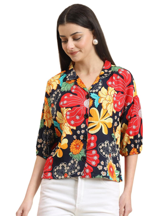 Vairagee Women Cotton Blend Black Striped Pattern V-Collar Three Quarter Sleeves Stylish Boxy Shirt (1730_7)