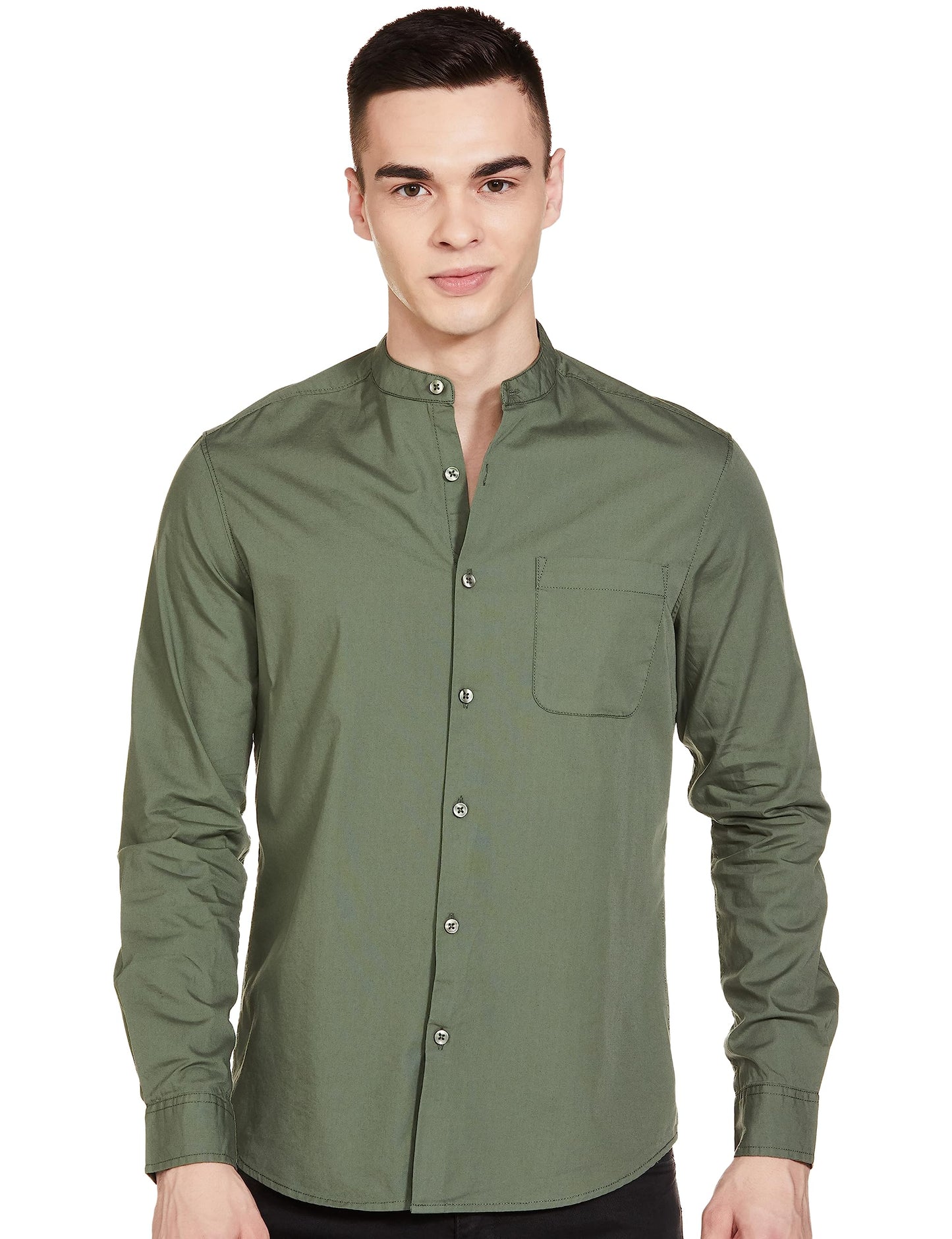 The Indian Garage Co Green Regular Fit Mandarin Collar Solid Long Sleeves Shirt