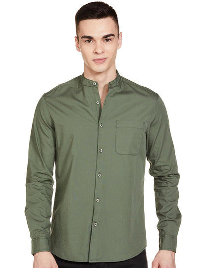 The Indian Garage Co Green Regular Fit Mandarin Collar Solid Long Sleeves Shirt