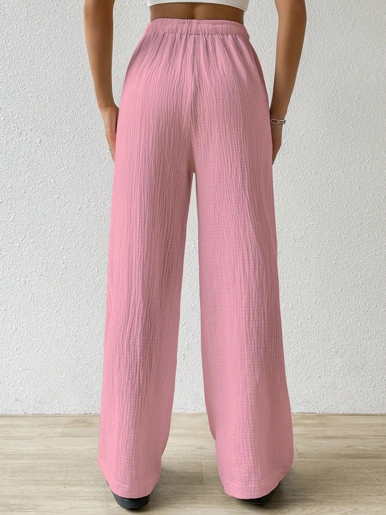Shasmi Womens Baby Pink Loose Wide-Leg Pants with Textured Wrinkled Fabric and Drawstring Waist Long Trousers (Pant 157 Baby Pi