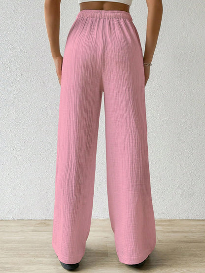 Shasmi Womens Baby Pink Loose Wide-Leg Pants with Textured Wrinkled Fabric and Drawstring Waist Long Trousers (Pant 157 Baby Pi