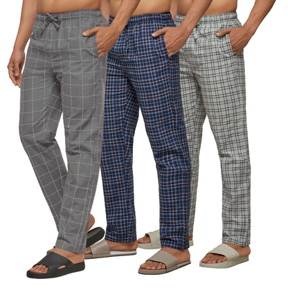 XYXX Mens Super Combed Cotton Checkered Checkmate Pyjamas [Pack of 3] Elasticated Waist, Drawstring | Loungewear for Men in Blu