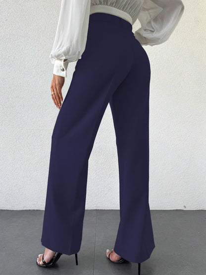 Shasmi Womens Solid Navy Blue Color High Waist, Wide Straight-Leg Loose Fit, Front Button Closure, Simple Daily Casual Long Pan