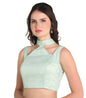 Pujia Mills Womans Readymade Sleeveless Pista Blouse Halter Neck with String Pattern Backless Ethnic wear Pattern Choli Blouse