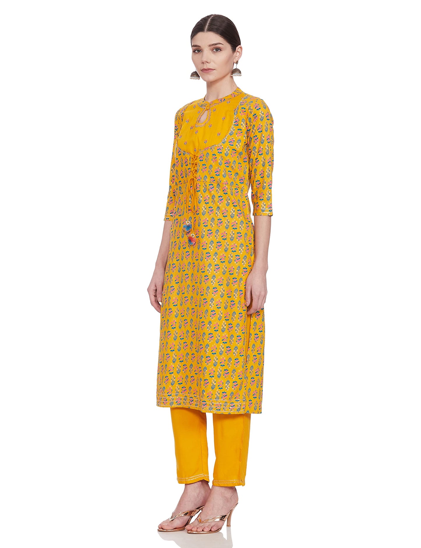 Anubhutee Women's Yellow Blue Floral Printed Empire Cotton Straight Kurta Suit Set with Pants