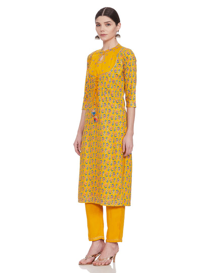 Anubhutee Women's Yellow Blue Floral Printed Empire Cotton Straight Kurta Suit Set with Pants