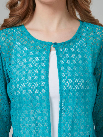 Style Quotient Women Self Design Open Front Cotton Shrug Blue