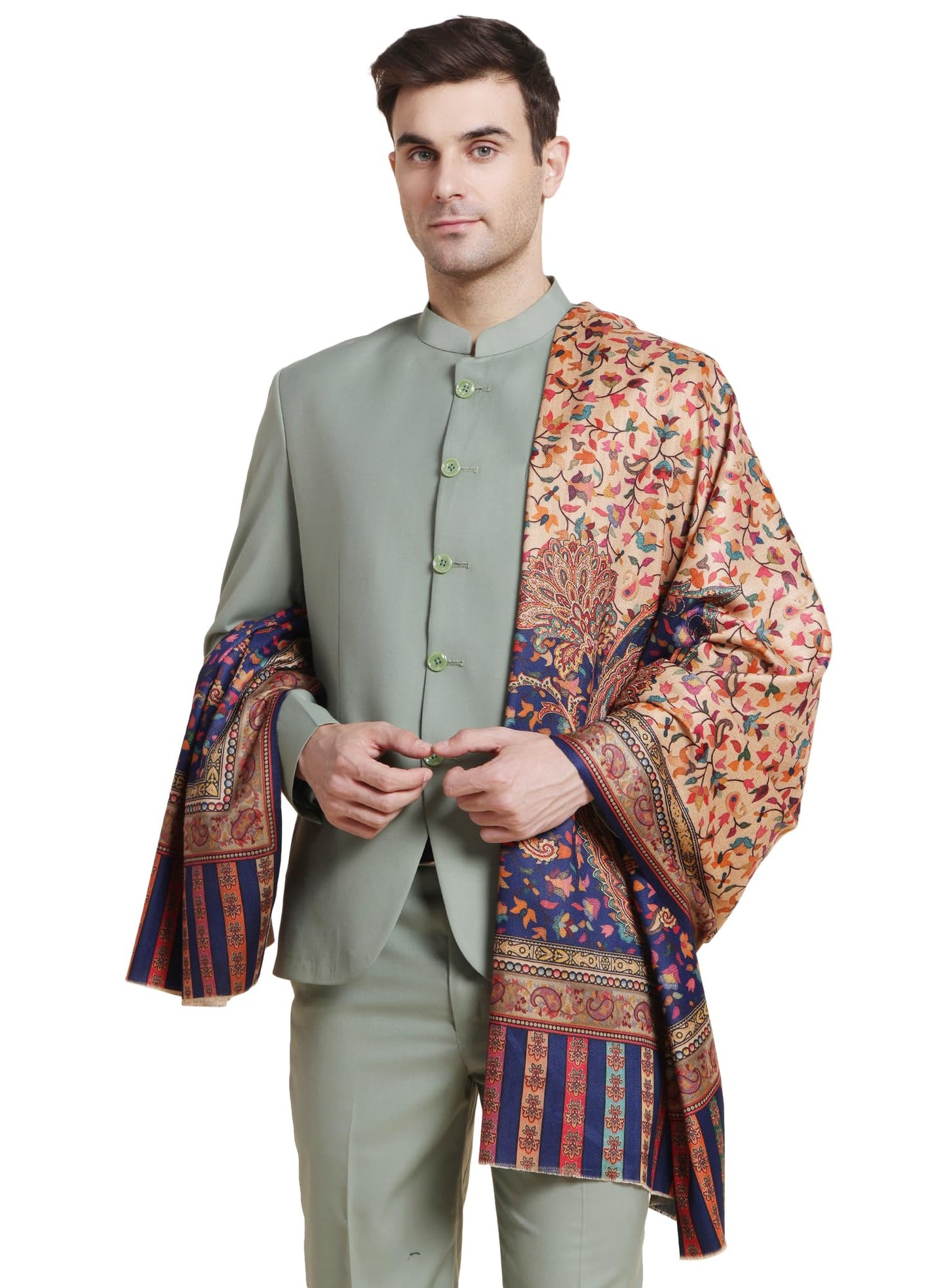 Weavers Villa Mens Acro Wool Blend Printed Shawl - Handloom Paisley Design - Stoles for Men - Gents Shawls - Soft & Warm Wrap -