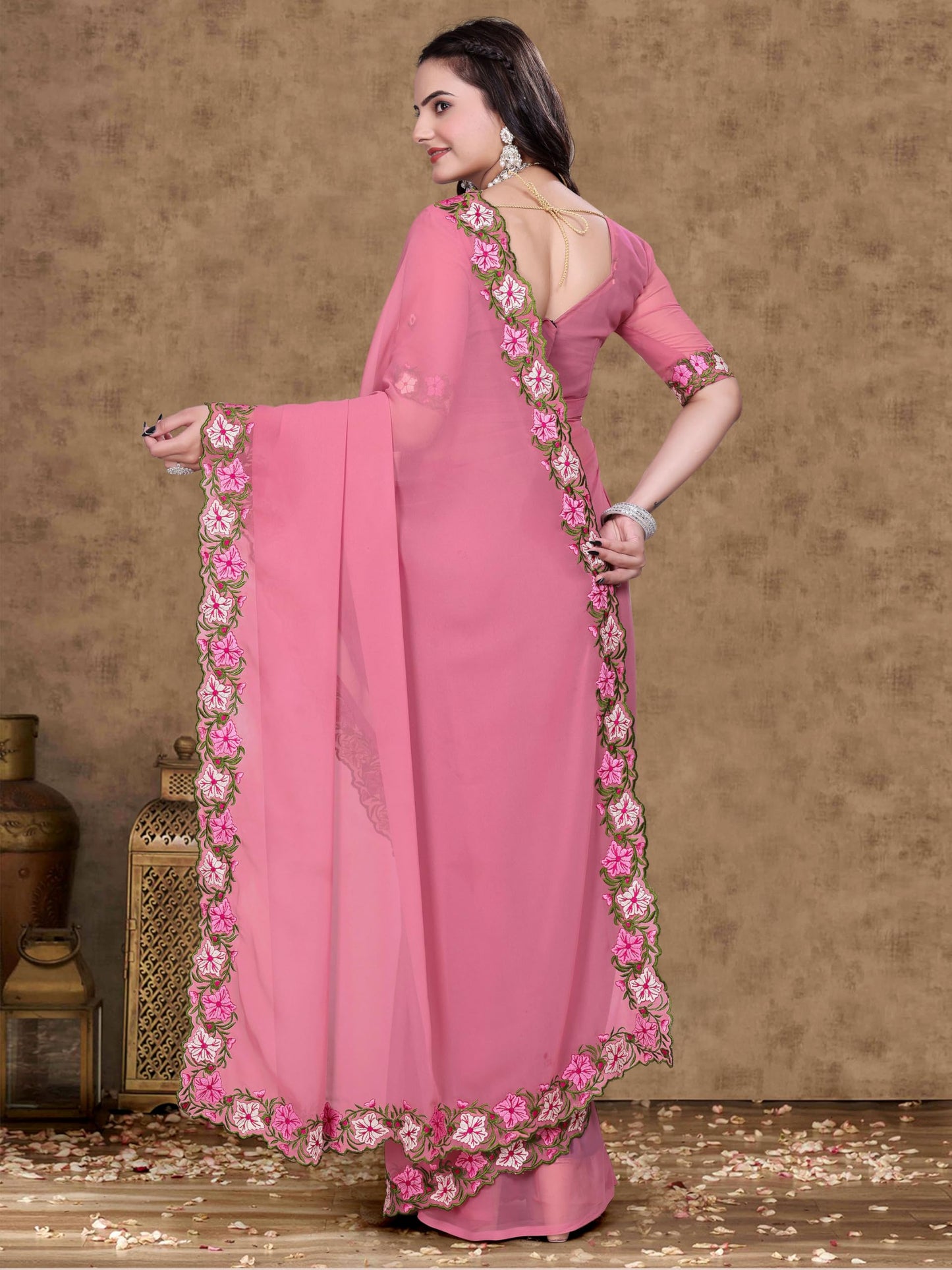Suketa WomenS Soft Georgette Saree With Floral Printed Border Unstitched Blouse Piece Solid Pattern | Saree For Woman Daily Wear