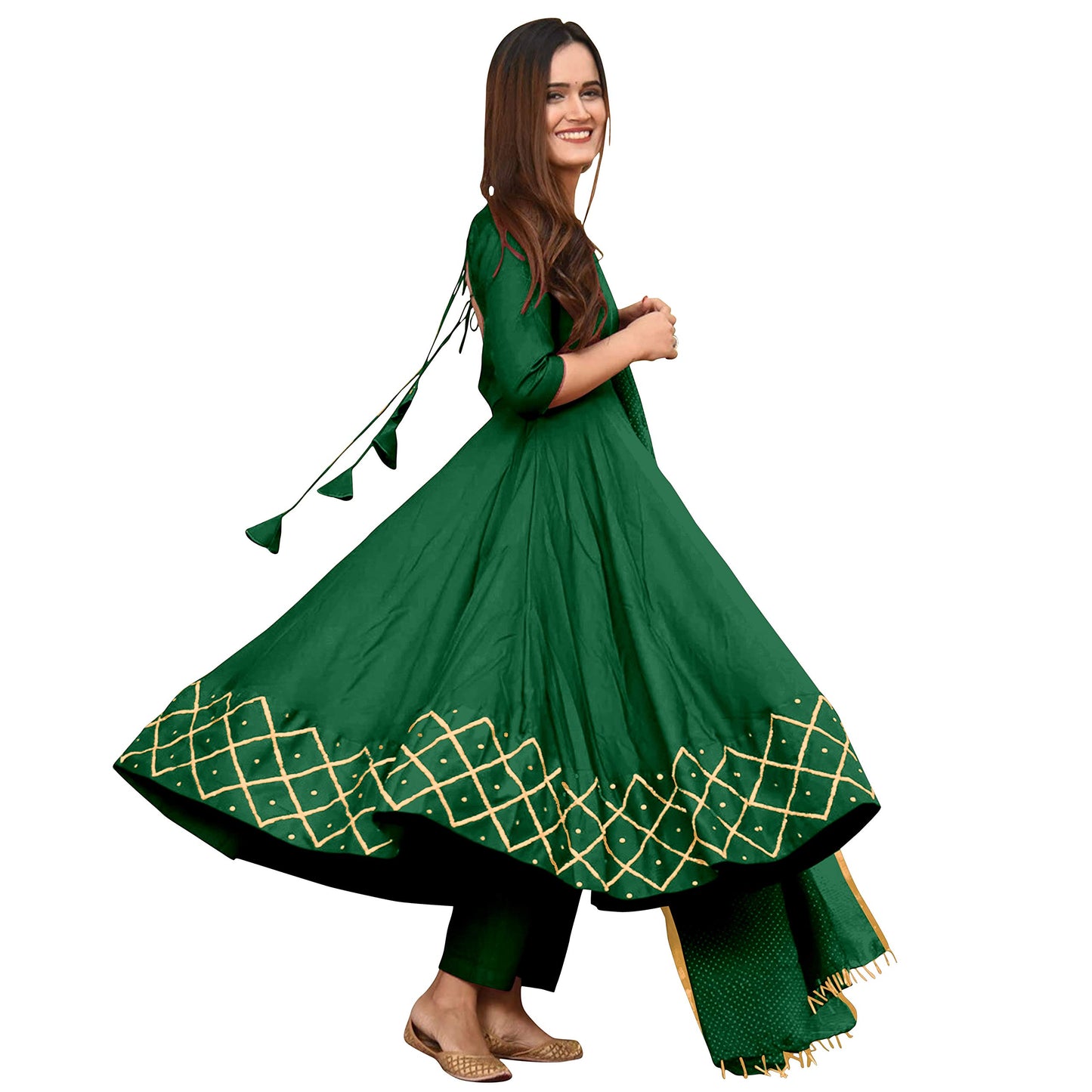 Anni Designer WomenS Rayon Anarkali Gold Printed Kurta And Dupatta Set (Kumt; Green; Xl)