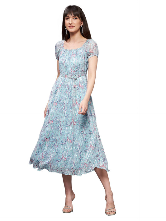 Miss Chase WomenS Multicolored Base-Light Blue Square Neck Short Puff Sleeve Bohemian Fit & Flare Georgette Midi Dress (Mcss22D