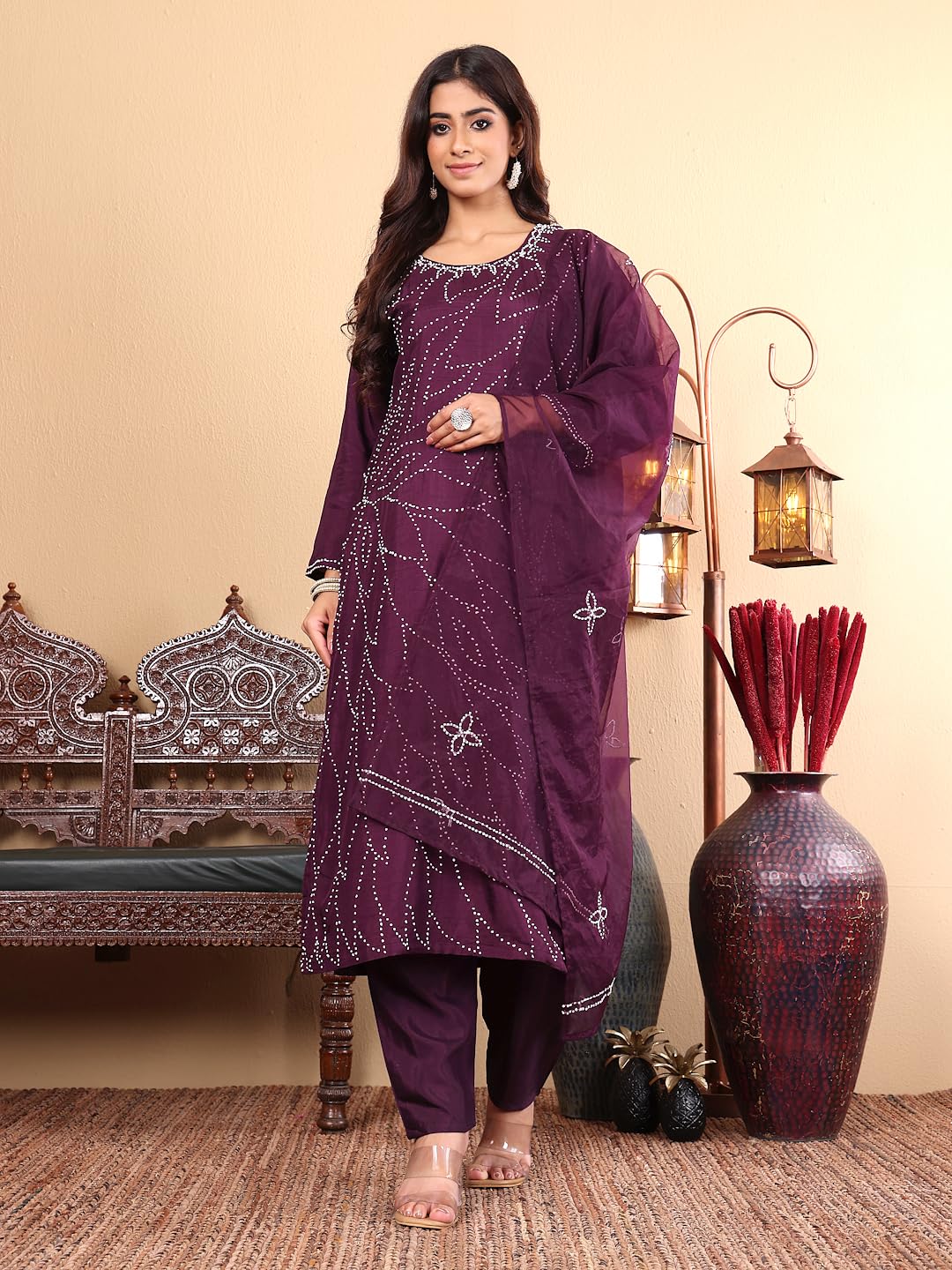 Varanga Women Purple Hand Embroidered French Knot Kurta With Tonal Bottom And Embroidered Dupatta.