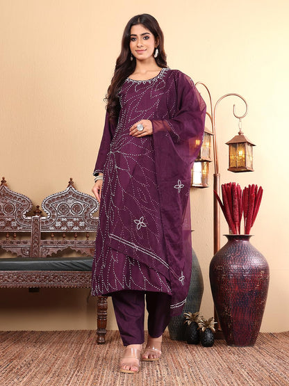 Varanga Women Purple Hand Embroidered French Knot Kurta With Tonal Bottom And Embroidered Dupatta.