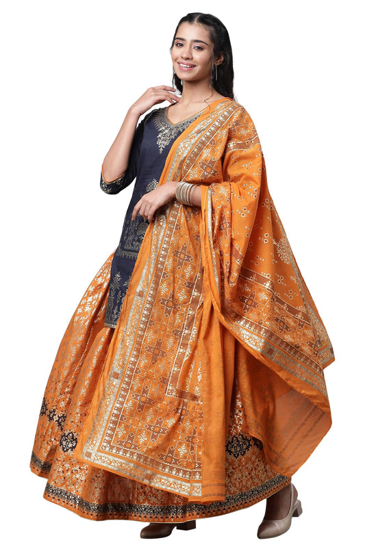 Aurelia Blue Festive Short Kurta, Orange Crinkle Skirt and Dupatta