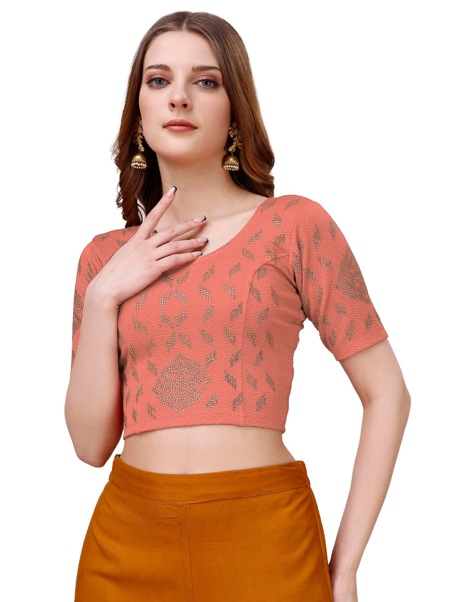 Vihu Fashion Womens Readymade Hosiery Lycra Stretchable Round Neck Half Sleeve Blouse with swaroski Work Fancy Lycra Stretchabl