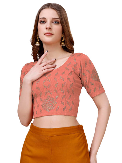 Vihu Fashion Womens Readymade Hosiery Lycra Stretchable Round Neck Half Sleeve Blouse with swaroski Work Fancy Lycra Stretchabl