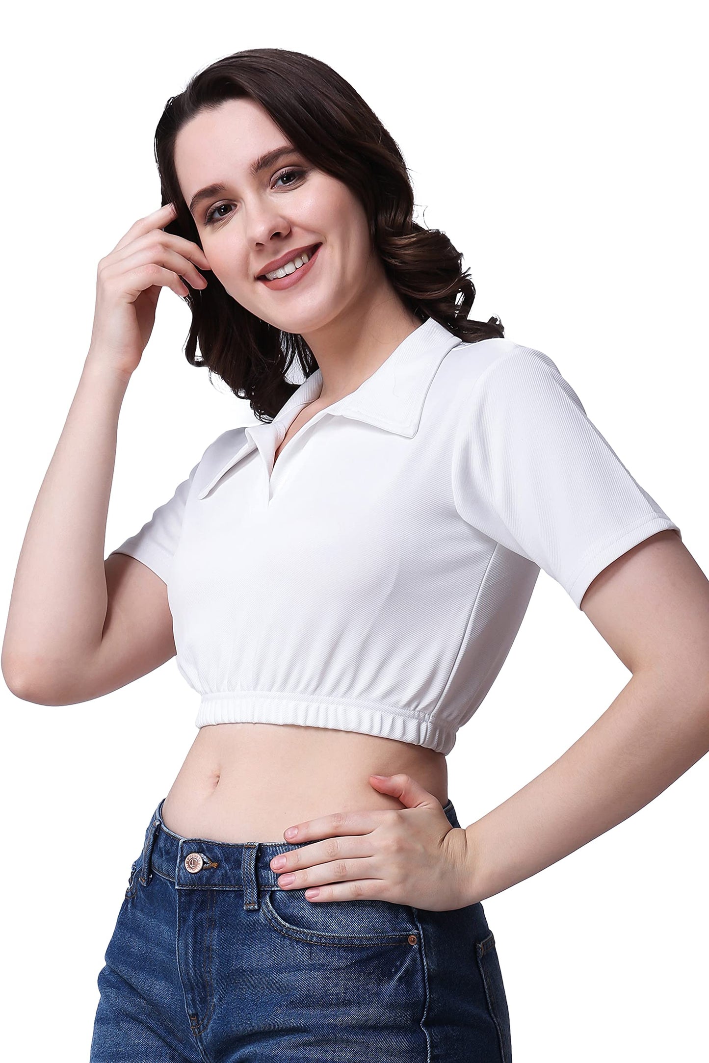 POPWINGS Casual Solid Collared Short Sleeves Crop Top for Women || Stylish Comfortable Women Crop Top for Summer White