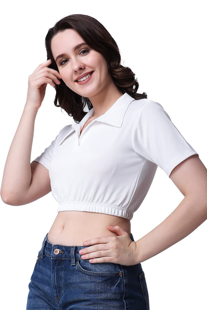 POPWINGS Casual Solid Collared Short Sleeves Crop Top for Women || Stylish Comfortable Women Crop Top for Summer White