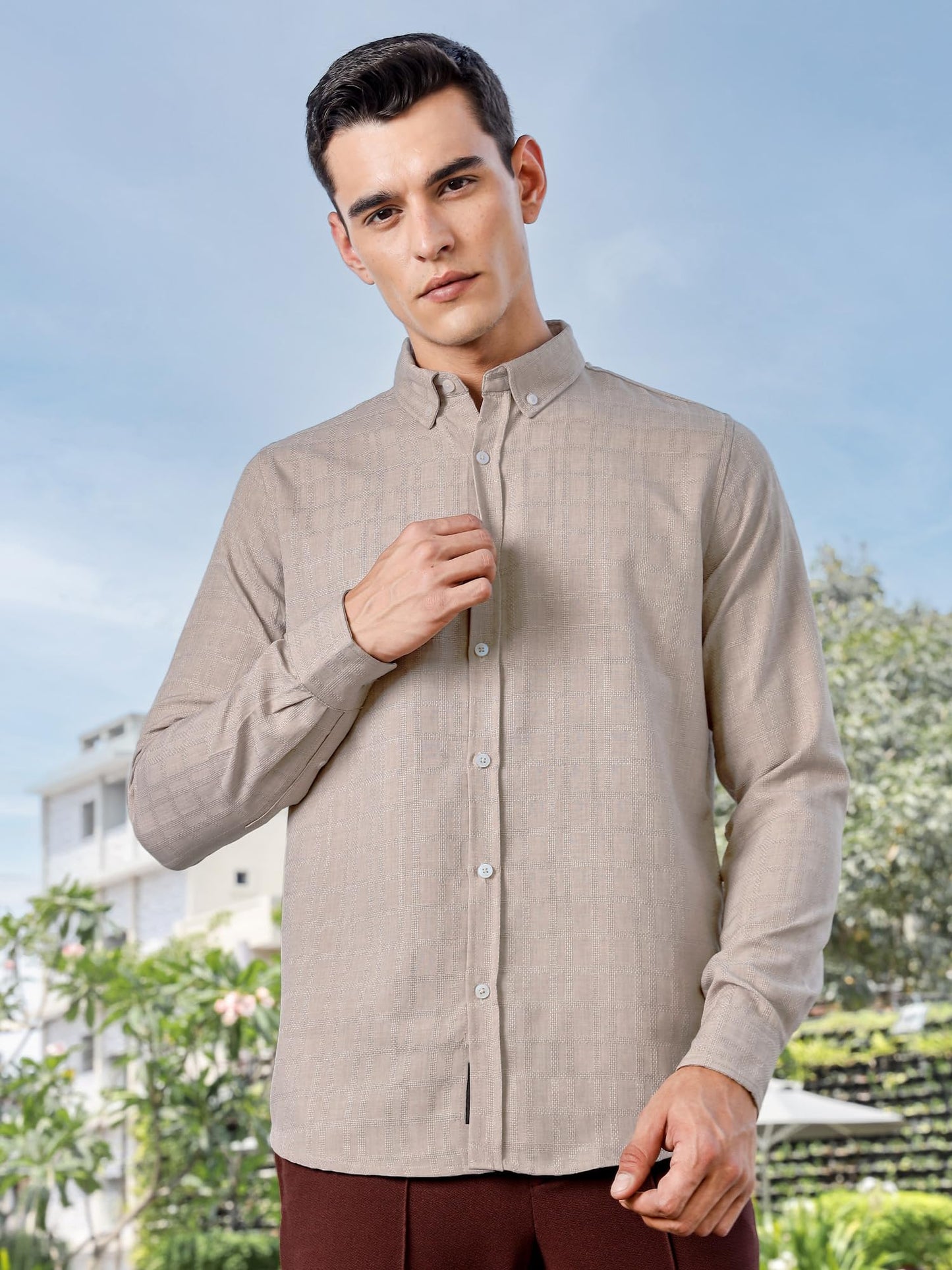 Thomas Scott Mens | Solid | Long Sleeve | Polyster Blend | Casual | Button Down Collar | Shirts for Men(TS1718_Beige)