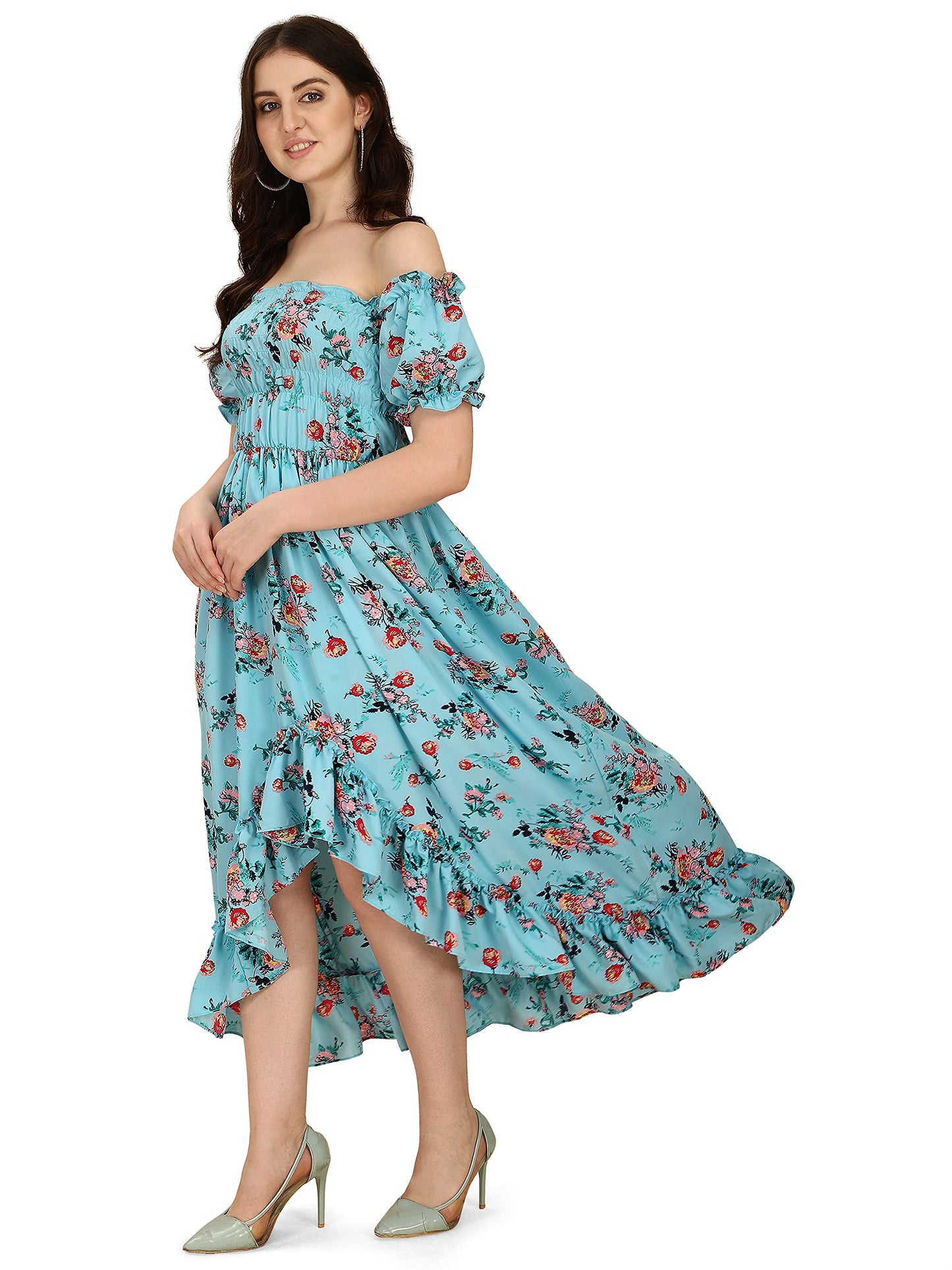 Oomph! Flared Dress For Women Stylish | Long One Piece For Women | Off Shoulder Puff Sleeve Long Dress | Floral Print Maxi One P