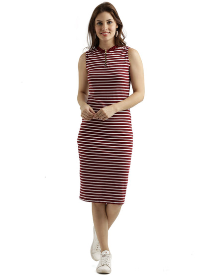 Miss Chase WomenS Comfortable Sleeveless Striped Midi Bodycon Dress With Zipper | 3 Colors(Mcss17D07-87-139-03,Maroon And White