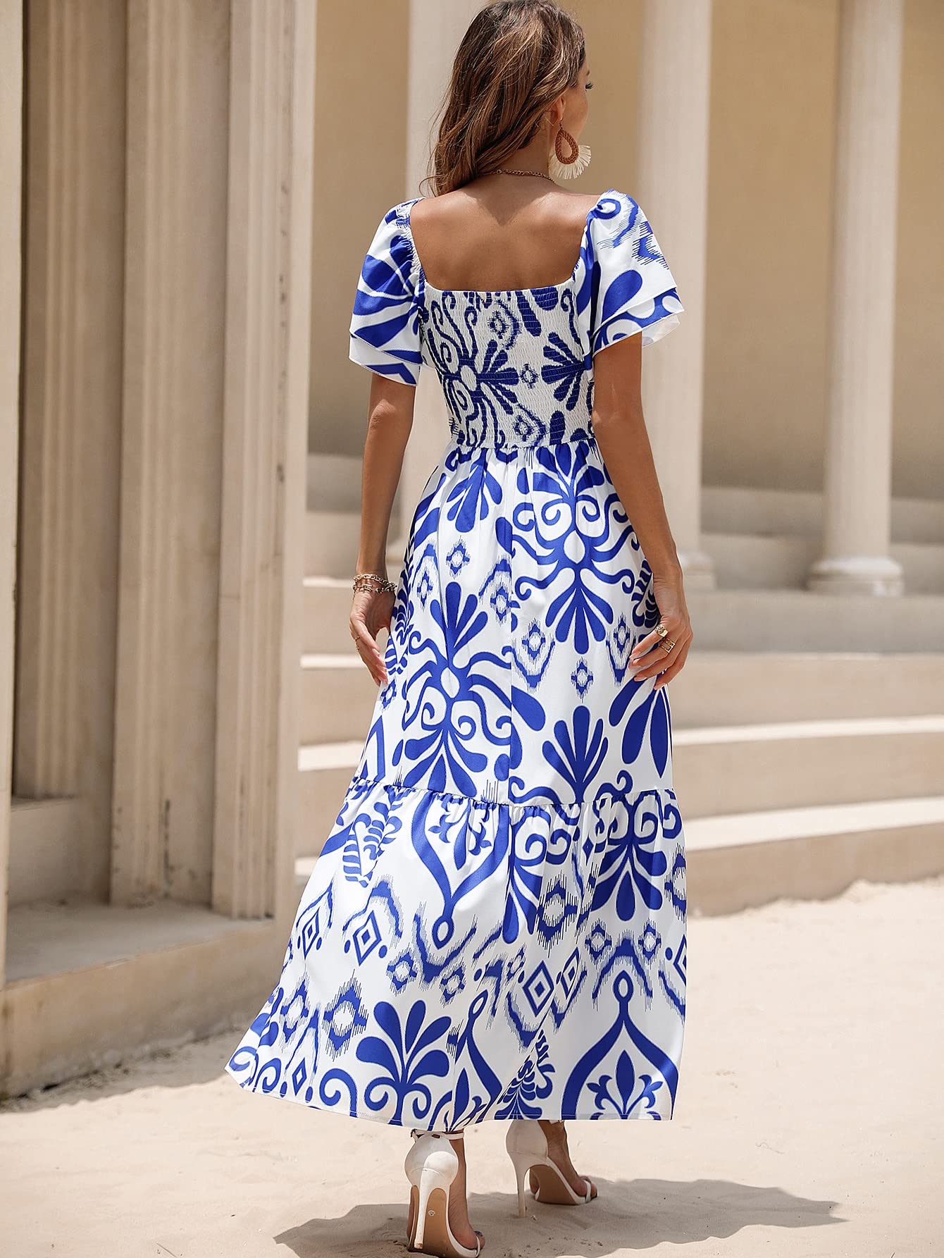 Shasmi GirlS & WomenS White And Blue Floral Print Layered Short Sleeve Square Neck Ruffle High Waist A Line Summer Long Maxi D