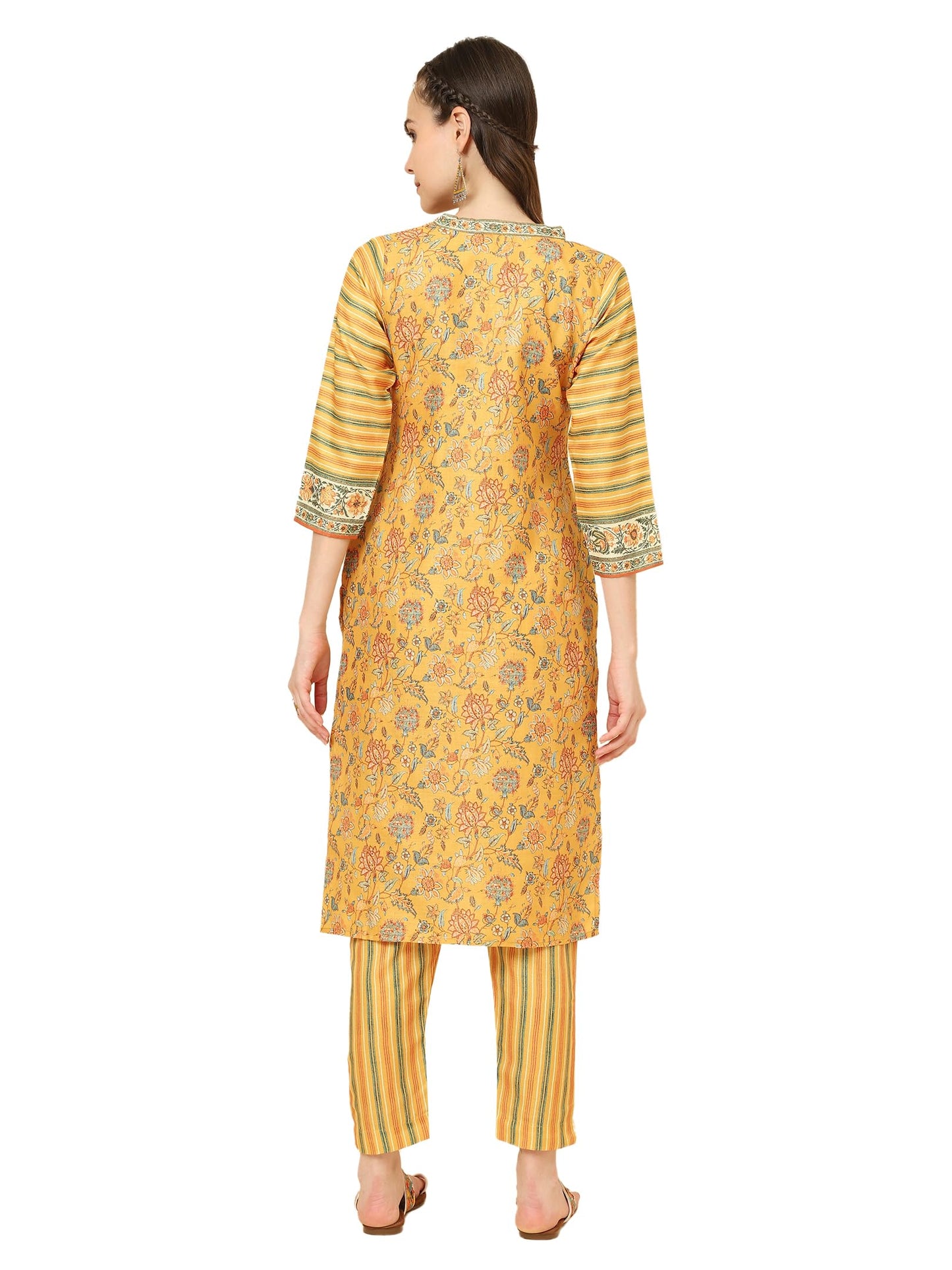AVANOVA Women's Yellow Cotton Blend V Neck, 3/4 Sleeve Straight Printed Kurta with Pant (KP 93)