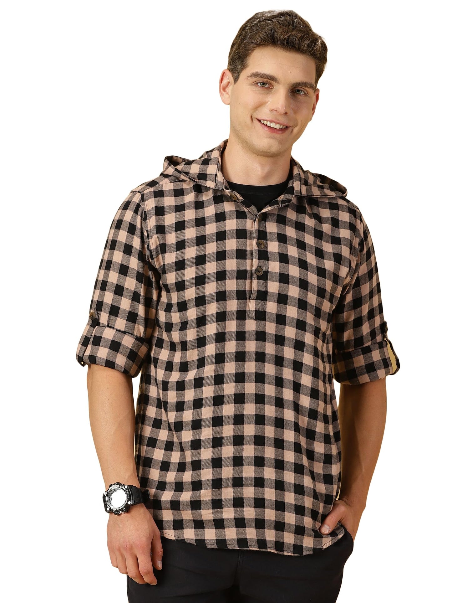 Thomas Scott 100% Cotton Checkred Hodiee Half Placket Shirts for Mens