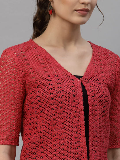 Style Quotient Women Self Design Red Cotton lace Regular Smart Casual Shrug