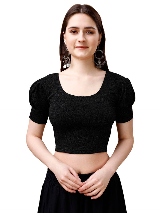 Pujia Mills Womens Readymade Shining Lycra Stretchable Round Neck Half Puff Sleeve Blouses Lycra Stretchable Black Color Blouse