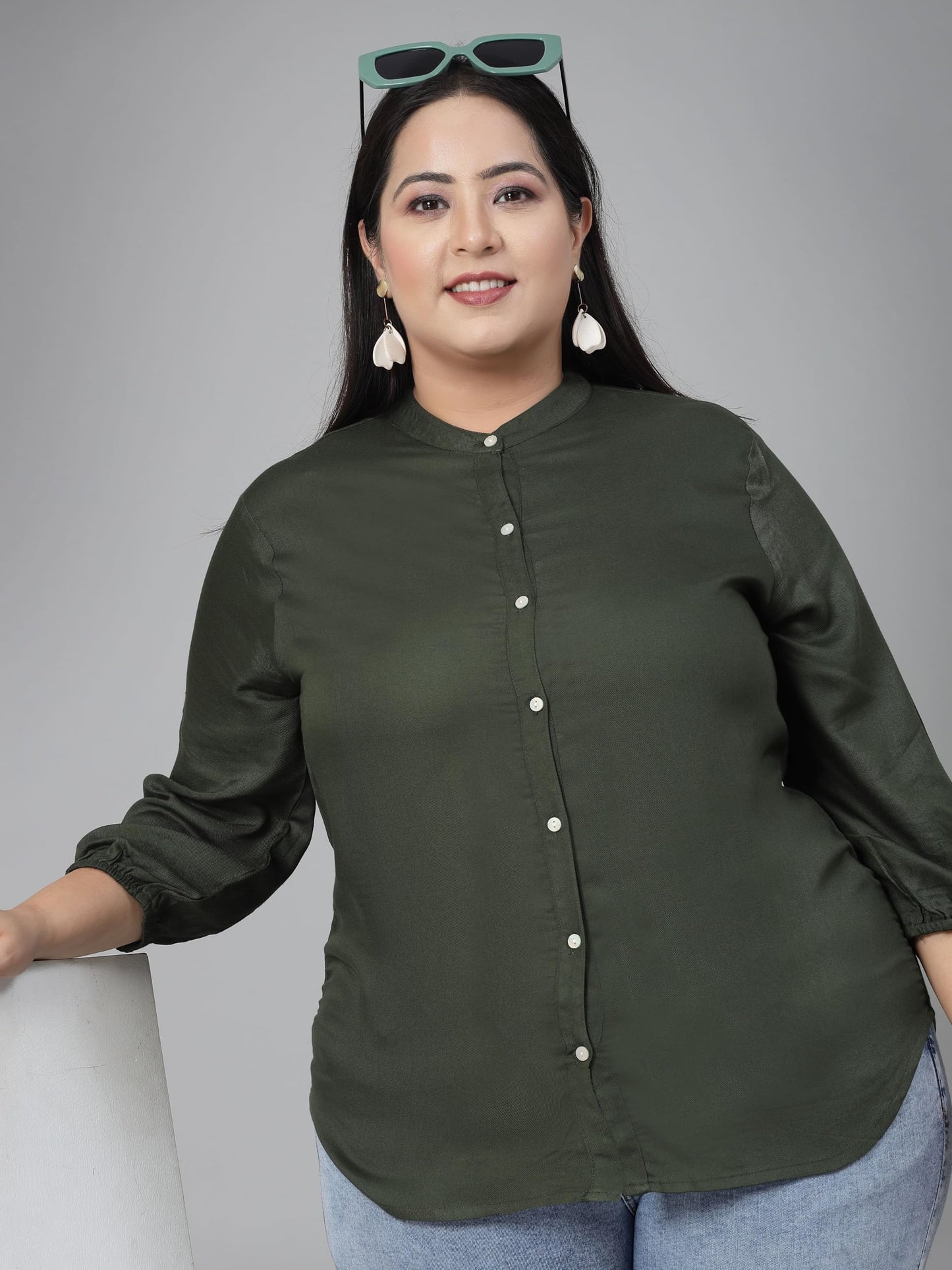 Style Quotient Plus Women Olive Green Solid Classic Formal Shirt