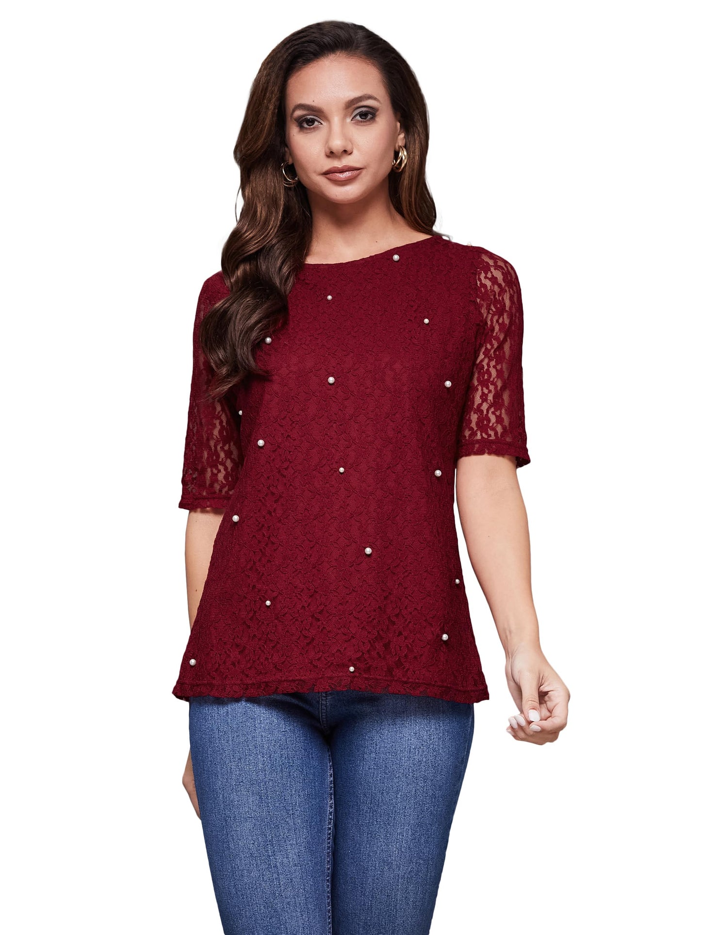 Miss Chase WomenS Cotton Relaxed Fit Round Neck Half Sleeves Solid Lace And Pearl Detailing Top (Mcss24Tp99-59-143-06, Maroon, 