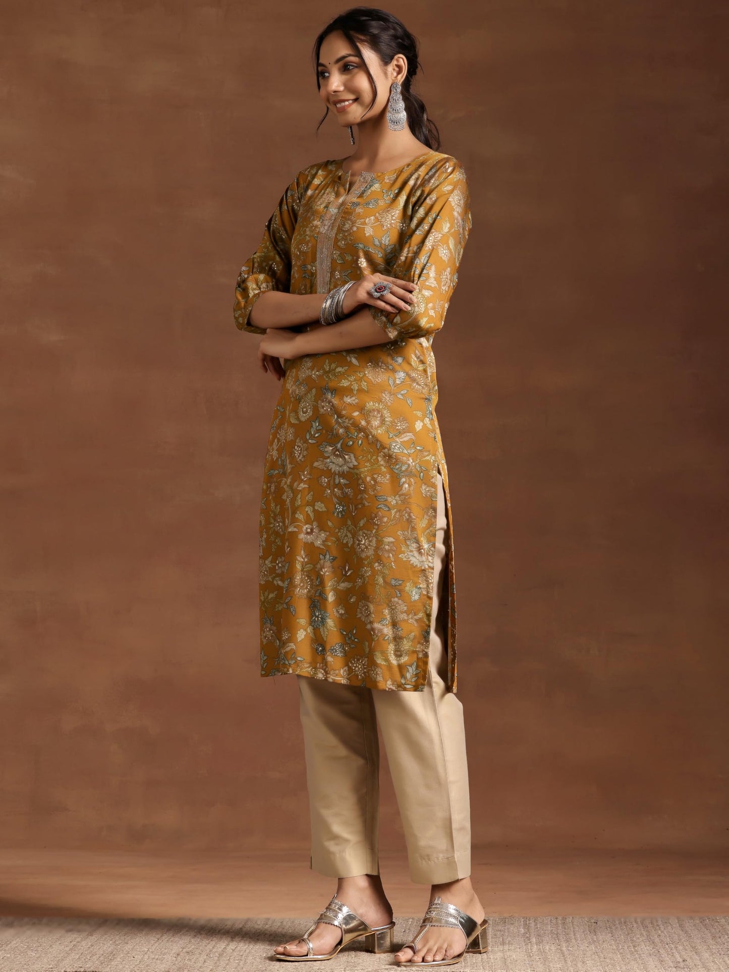 Libas WomenS Silk Printed Straight Kurta (29216 Mustard