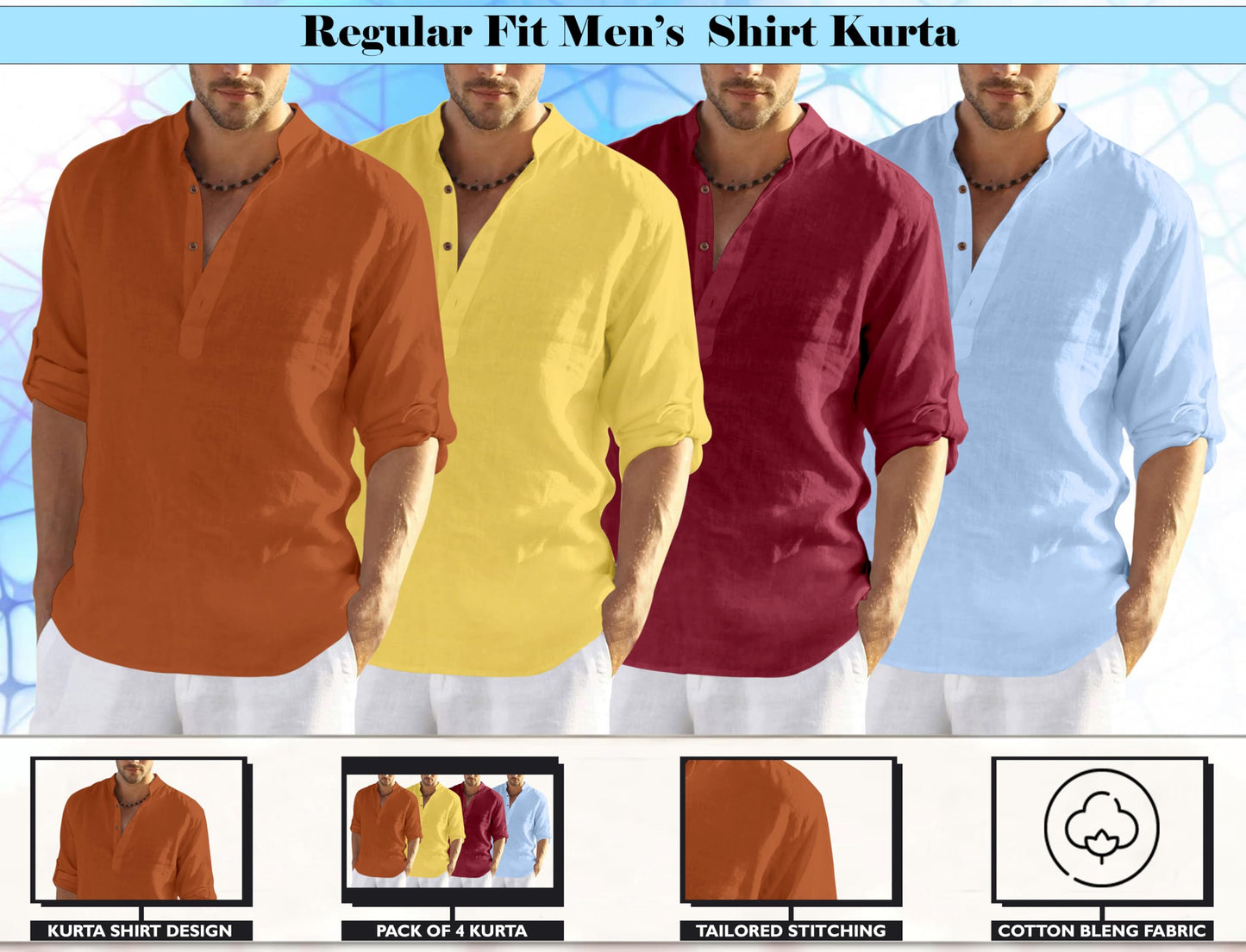 Zombom MenS Cotton Blend Solid Full Sleeve Kurta Shirt, Multicolor, Xxl, Combo Set Of 4