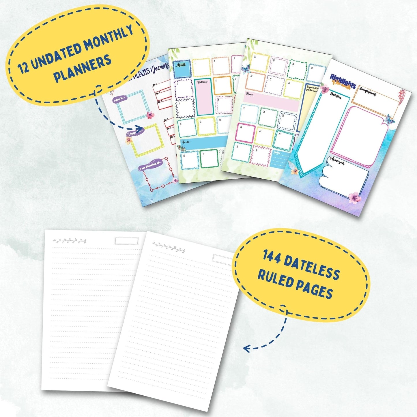 Doodle | The Happiness 2024 Wiro Bound Planner with 100+ Stickers | A5 | Hard Bound | Undated | Yearly, Monthly, Daily Planner D