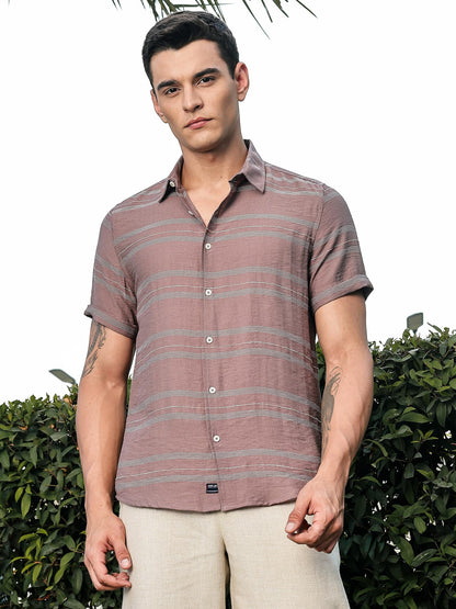 Thomas Scott Mens | Stripes | Short Sleeve | Spread Collar | Premium Polycoton Material | Slim Fit | Casual | Shirts for Men(TS