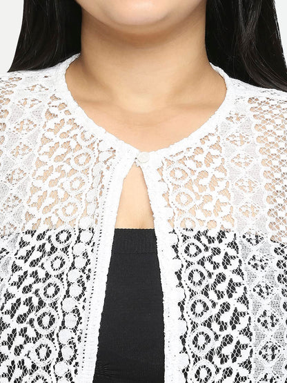 Style Quotient Women Off White Self Design Lace Open Front Smart Casual Shrug