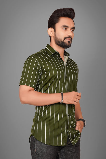 Besix MenS Green Lycra Blend Striped Regular Fit Casual Shirt For Man - Short Sleeve, Spread Collar For Formal Stylish Wear As