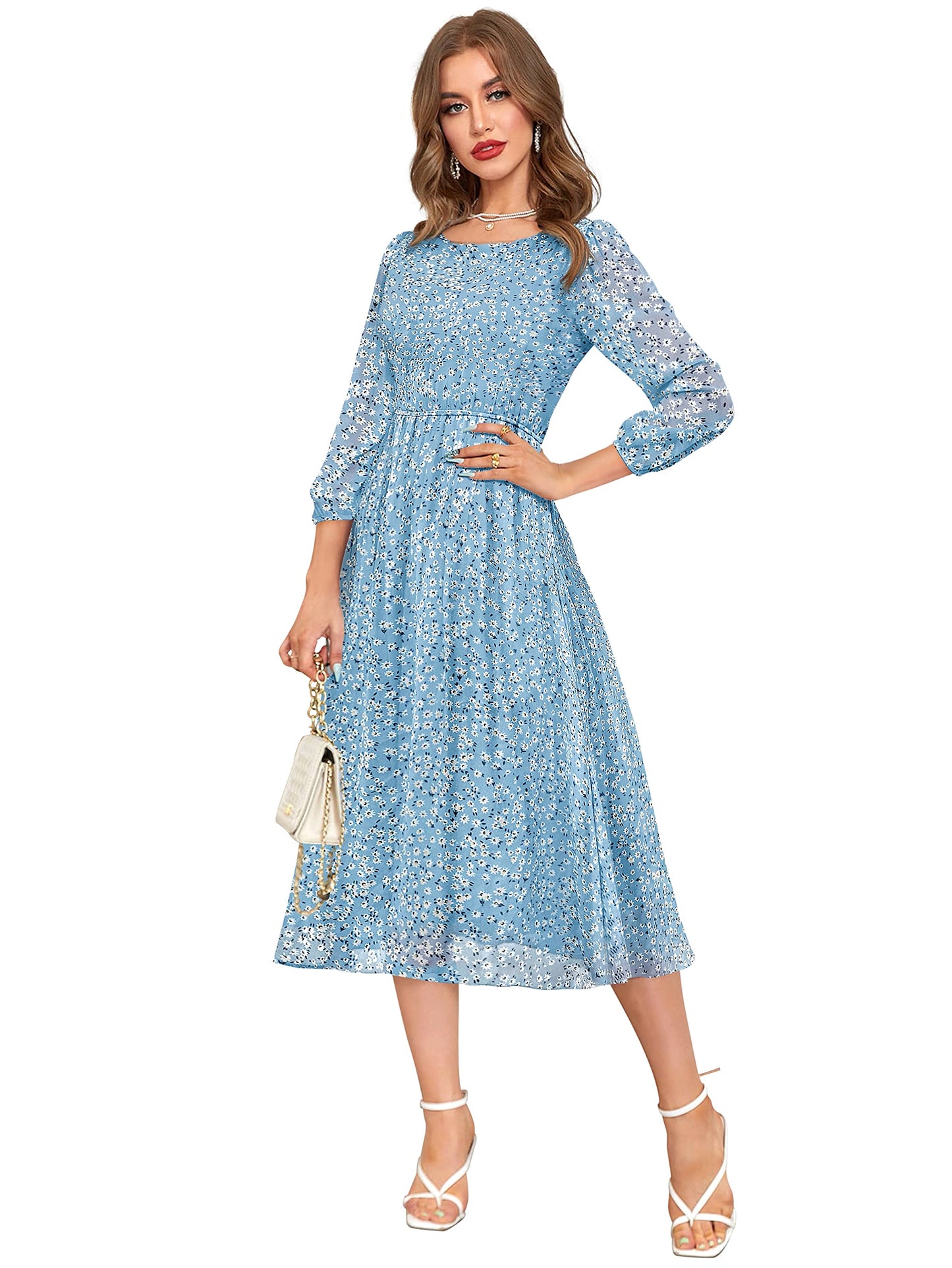 Toochki WomenS Sky Blue Georgette Floral Fit & Flared Regular Fit Western Below Knee Length Kurti A Line Style Summer Wear Kurt