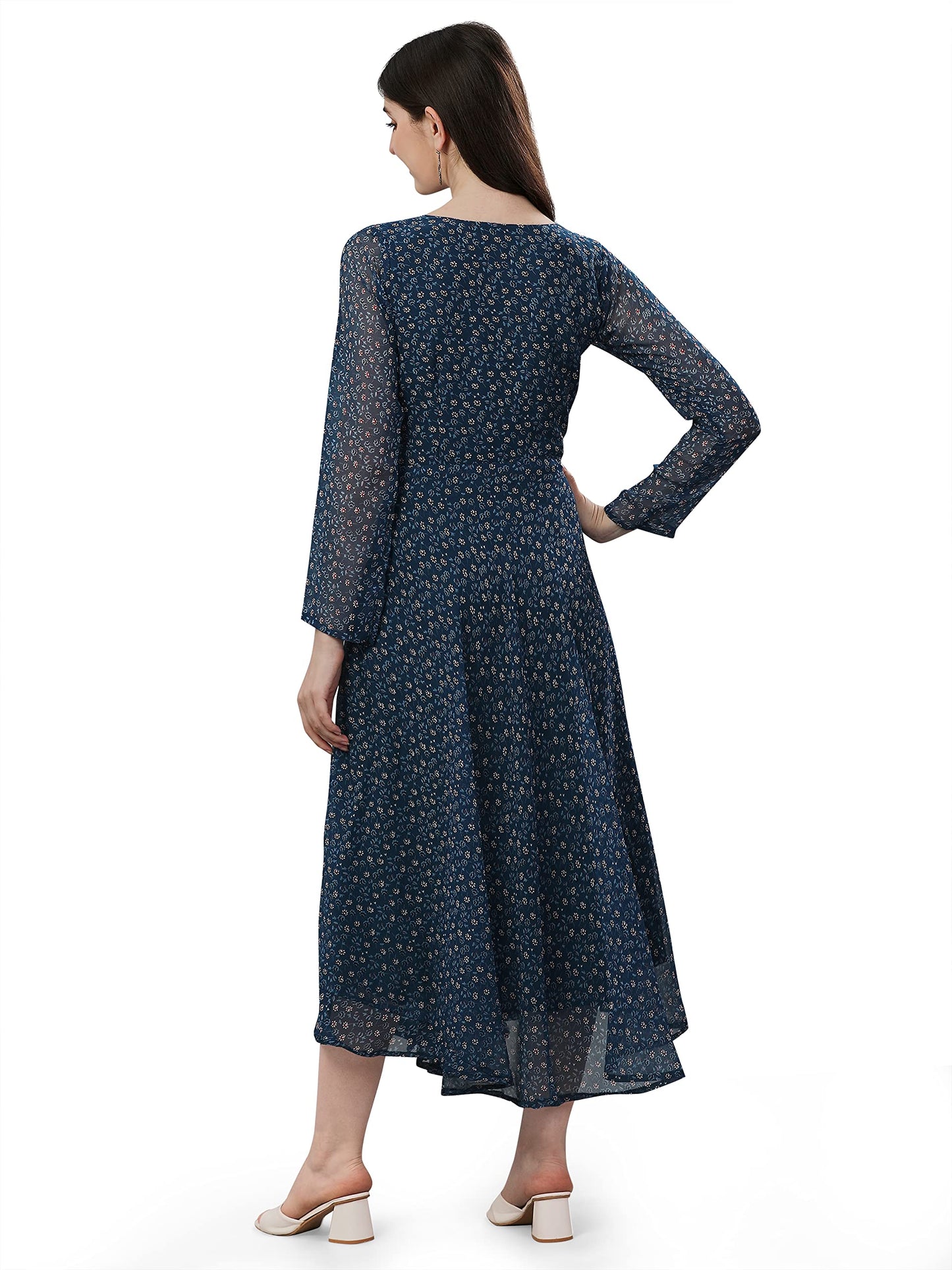 Trillmixa WomenS Georgette Midi Dress With Floral Printed Pattern Long Sleeves Knee Length V Neck A Line Style And Regular Fit