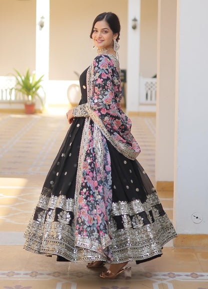 Fashion Basket Gergette Embroidered Long Anarkali Black