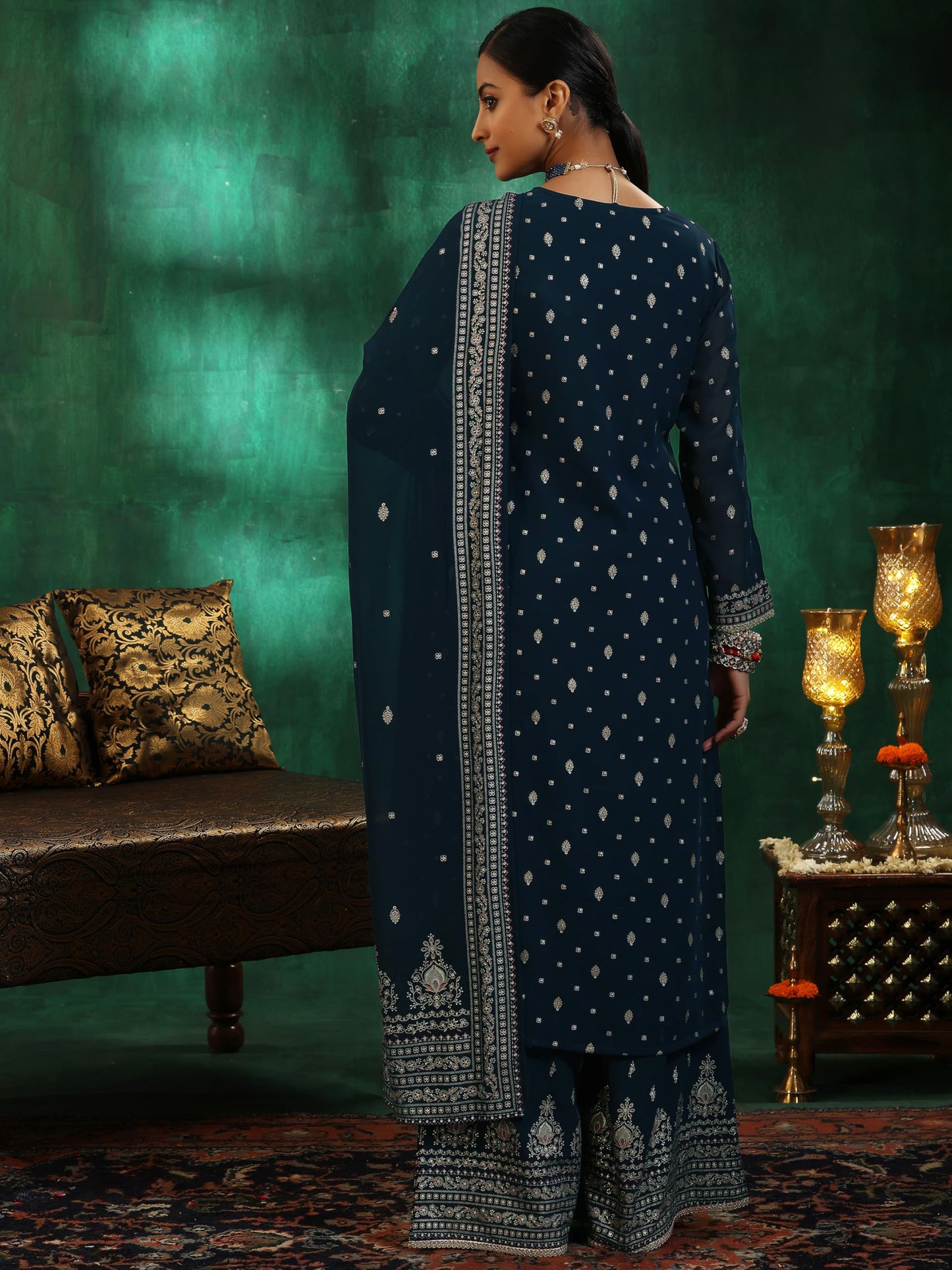 Libas Womens Printed Georgette Straight Kurta With Palazzos And Dupatta