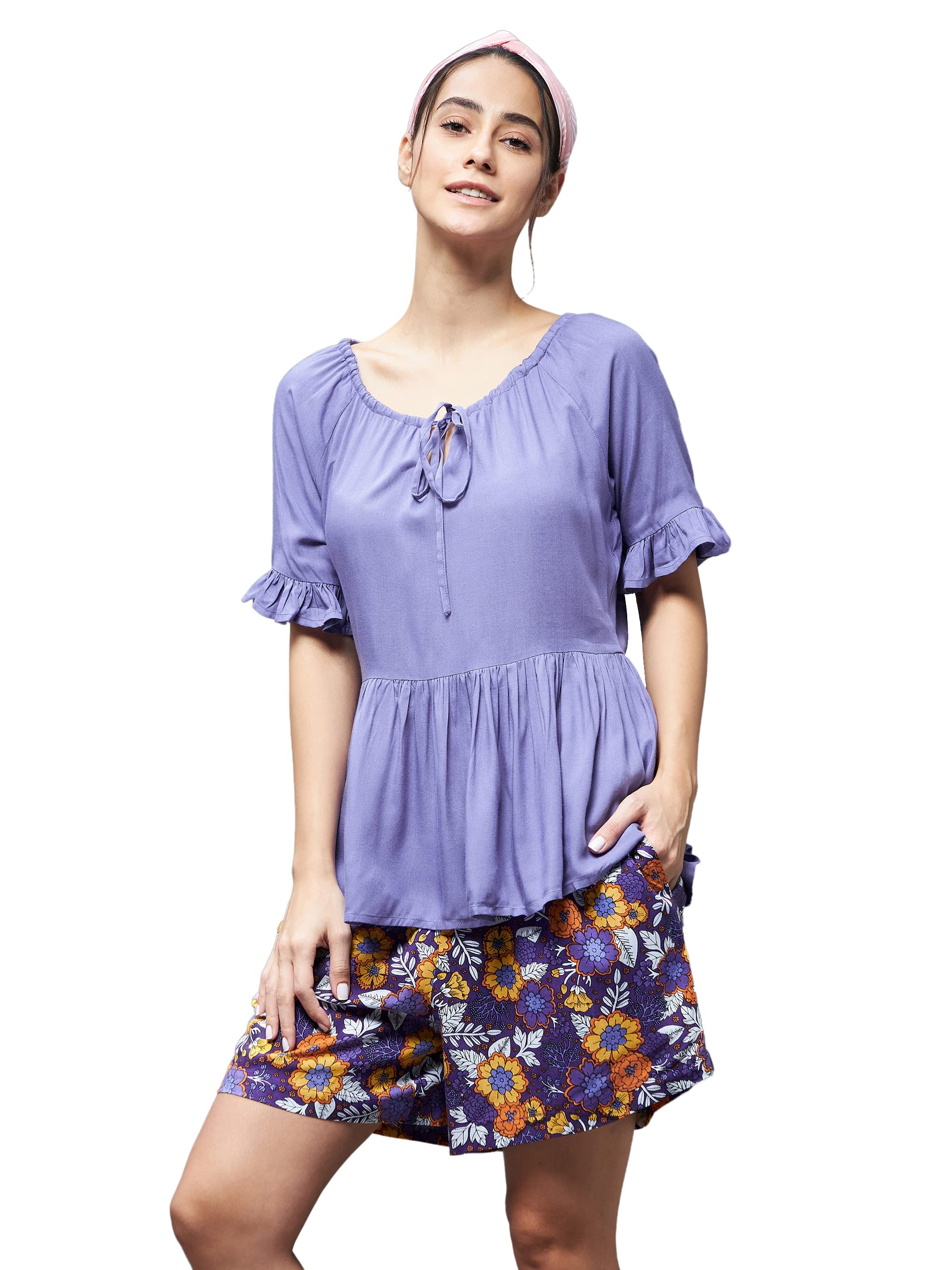 Miss Chase Womens Lavender Round Neck Short Sleeve Floral Front Placket Short Top & Shorts Sets (MCSS22NW05-17-196-06, Lavender