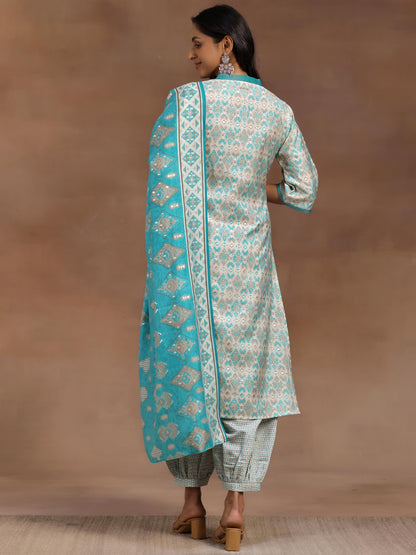Libas Womens Printed Silk Blend Straight Kurta With Salwar And Dupatta