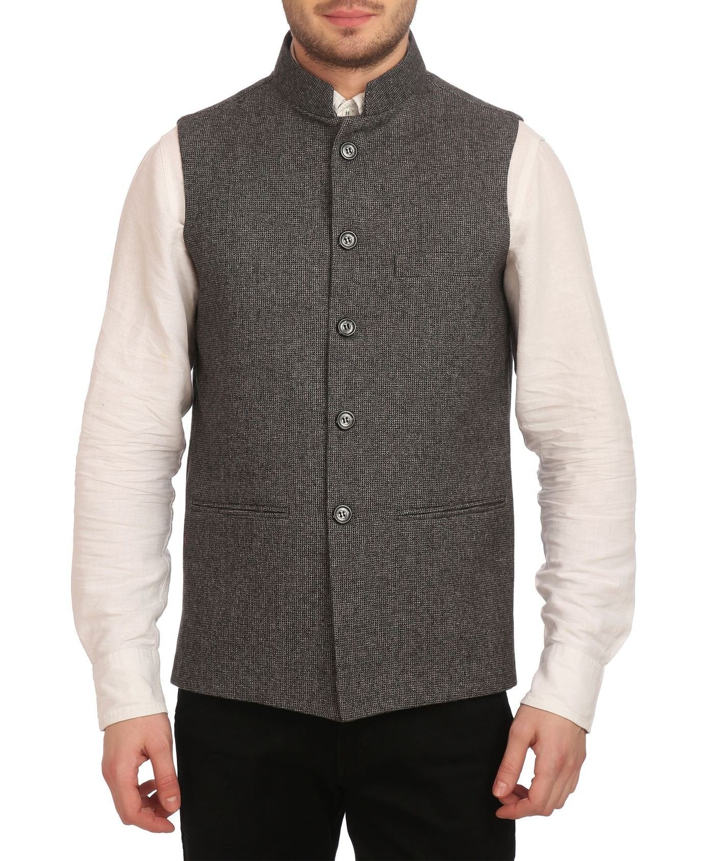 WINTAGE Mens Tweed Bandhgala Festive Nehru Jacket Waistcoat Grey